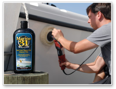 Marine 31 Gel Coat Heavy Cut Cleaner Wax can be used with a wool pad on a rotary polisher too!